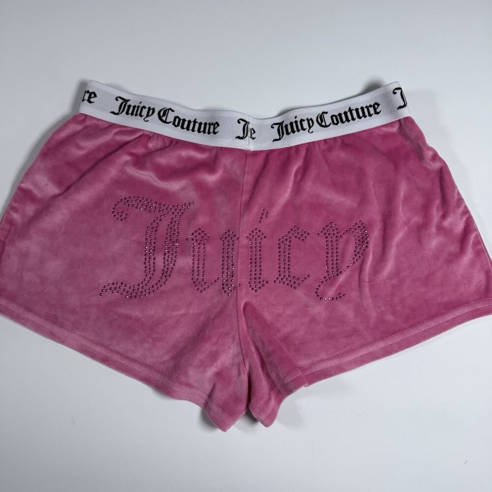 JUICY COUTURE Pink Velour Sleep Shorts Rhinestone Logo Medium Y2K OG